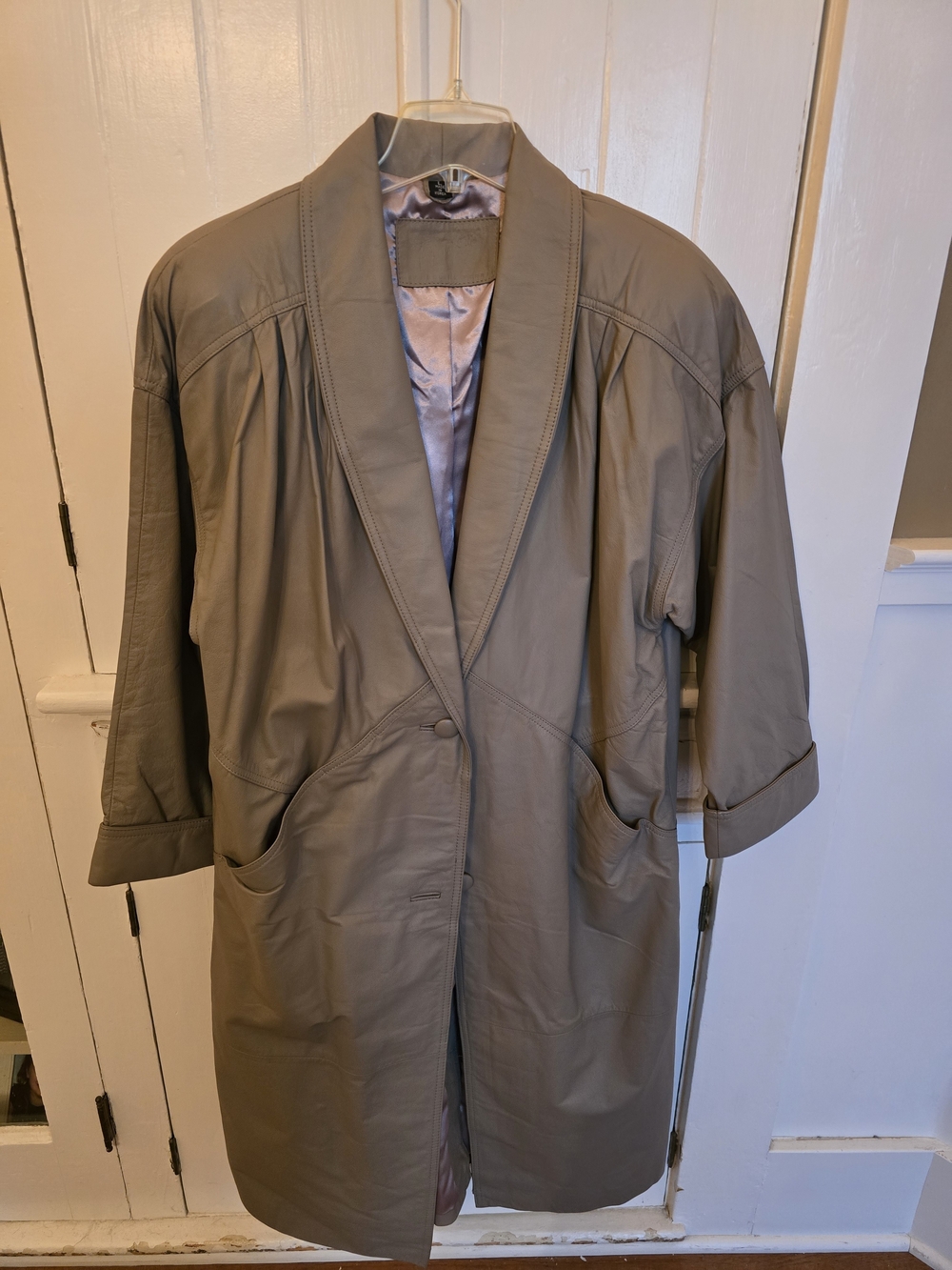 Womens Taupe Leather Longline Coat Jacket